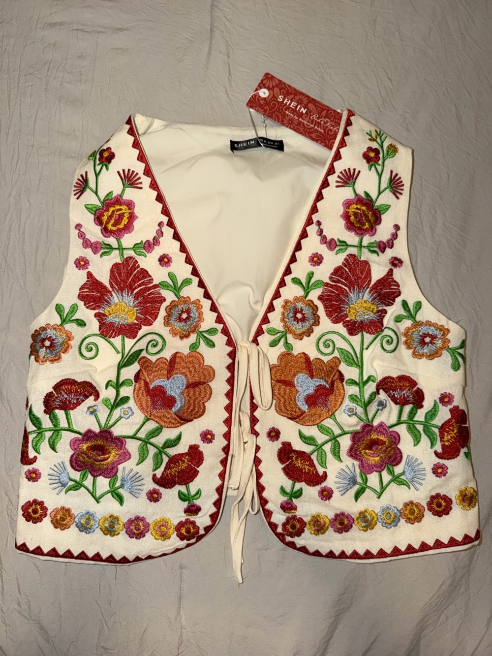 SHEIN Cream Embroidered Floral Vest with Red Trim